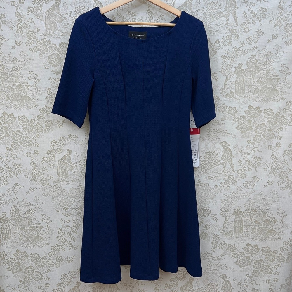 Connected Apparel Dress Minimalist Navy Knit A-Line Midi Career 3/4 Sleeve 10